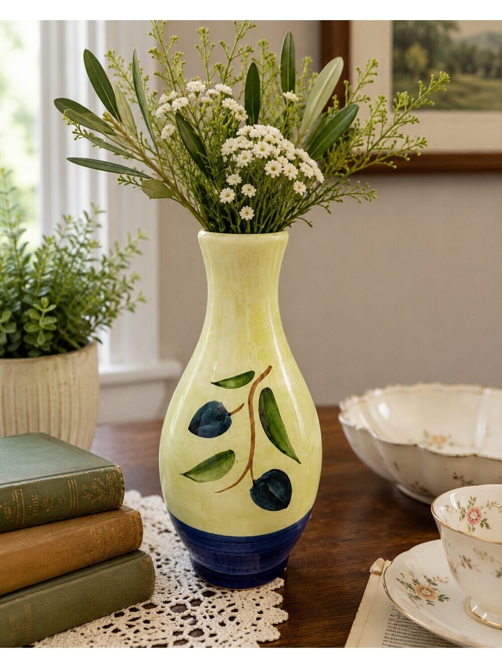 Vintage Ceramica Italy Hand Painted Olive Vase Blue Green Pottery 9"